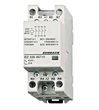 Contactor modular (2UH) 25A, 4NÎ, 230Vca&cc Schrack