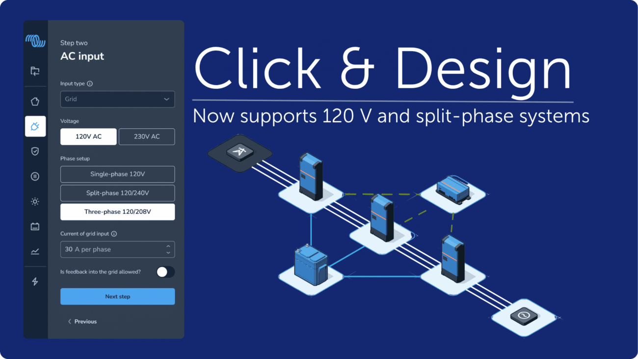 Instrument Victron Click and Design cu suport pentru invertoare 120V monofazat split-phase si trifazat